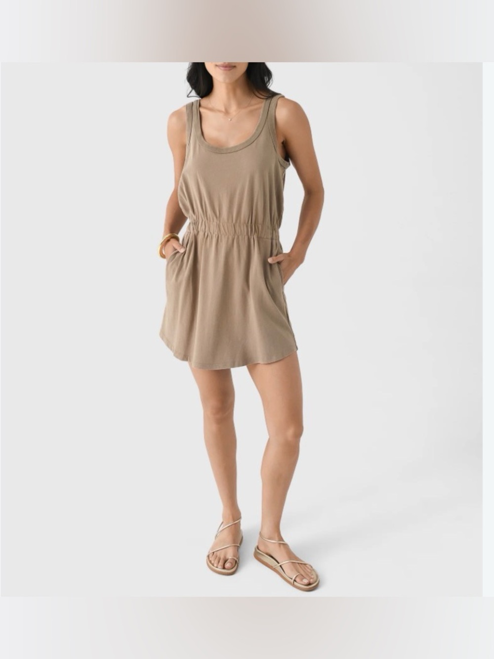 Z Supply Taupe Sleeveless Cinched-Waist Mini Dress